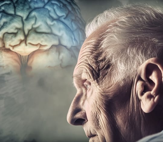 Double exposure image of an old man and brain representing Aphasia.